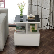 Square Glass and Wood Base White Shelved Side Table