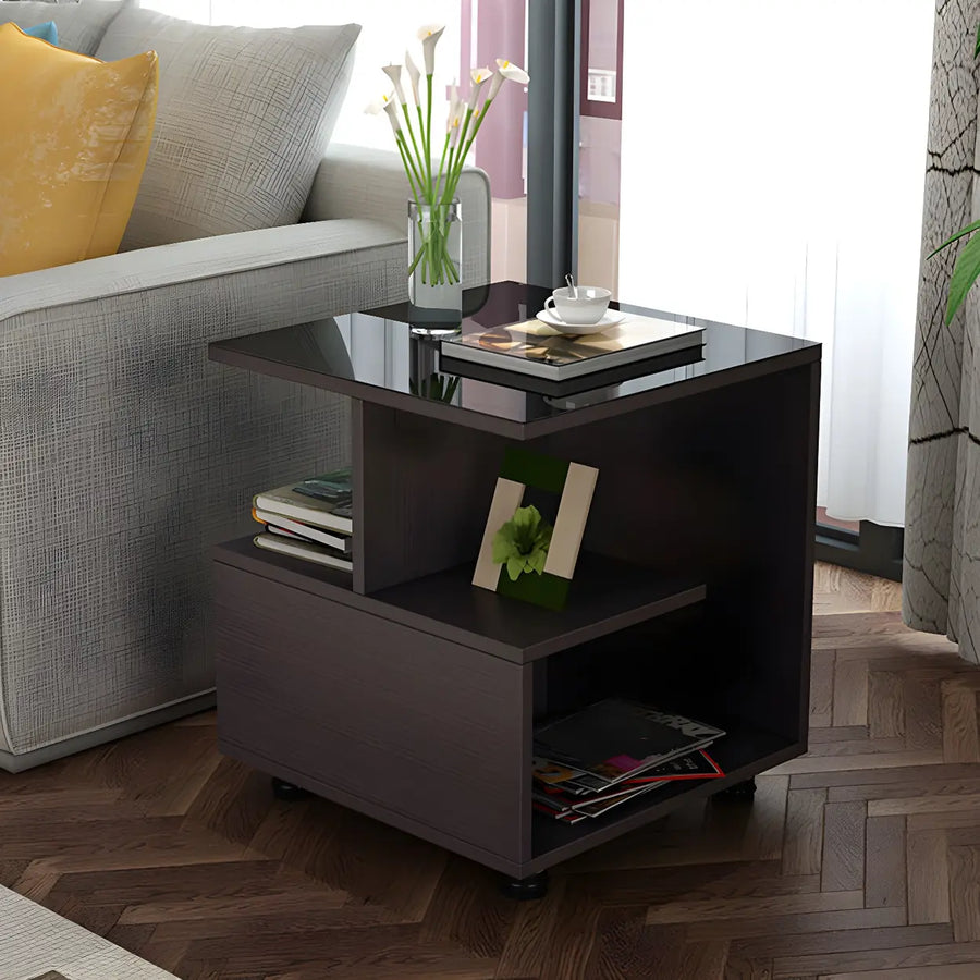 Square Glass and Wood Base White Shelved Side Table