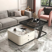 Square Glass Top Steel Frame Nesting Tables with Drawer