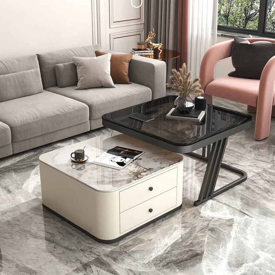 Square Glass Top Steel Frame Nesting Tables with Drawer