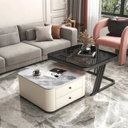 Square Glass Top Steel Frame Nesting Tables with Drawer
