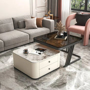 Square Glass Top Steel Frame Nesting Tables with Drawer