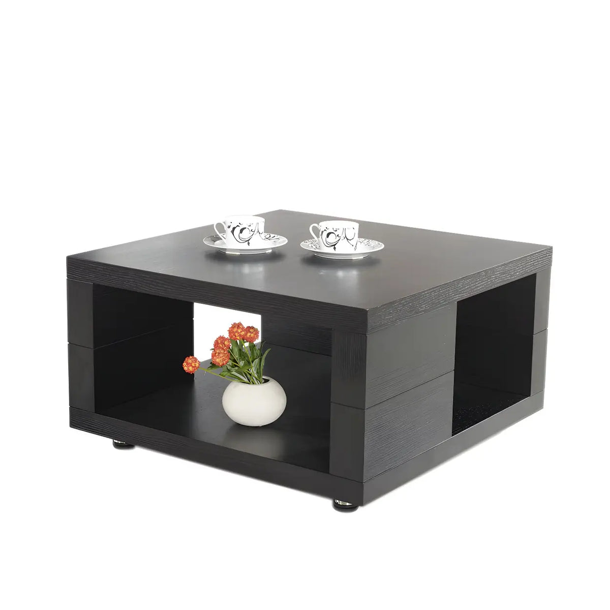 Square Walnut Wood Double Tier Side Table with Shelf
