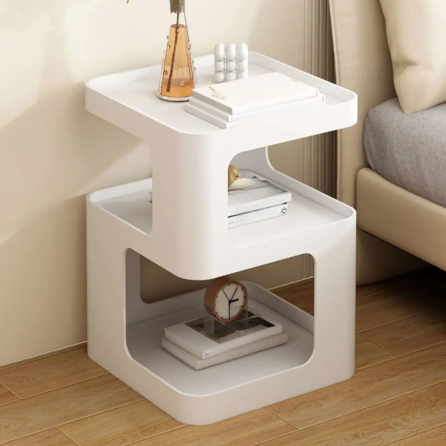 Square White Tray Top Storage End Table with Shelves