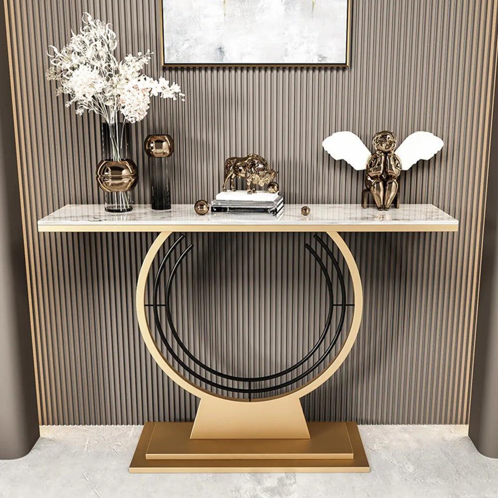 Stain Resistant Gold Circular Base Stone Console Table