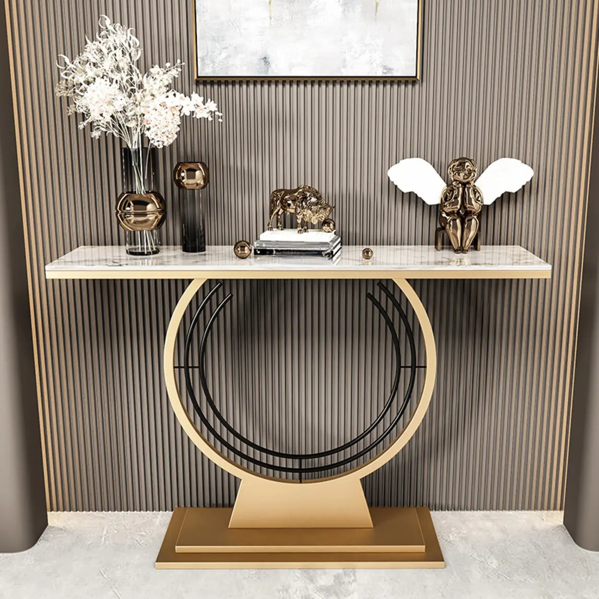 Stain Resistant Gold Circular Base Stone Console Table