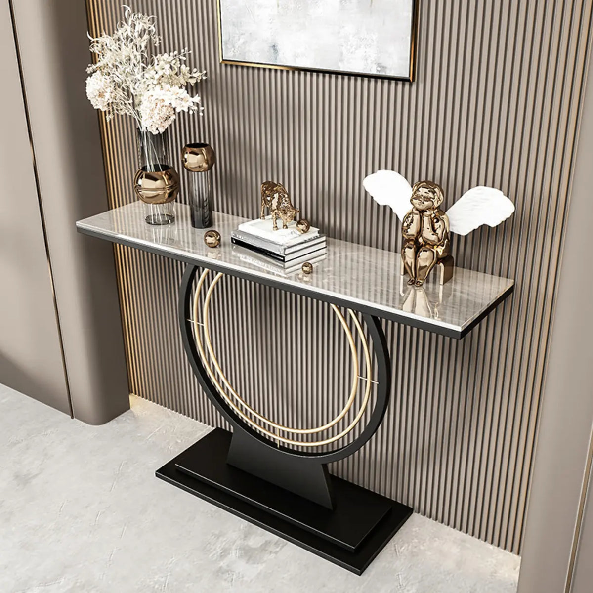 Stain Resistant Gold Circular Base Stone Console Table