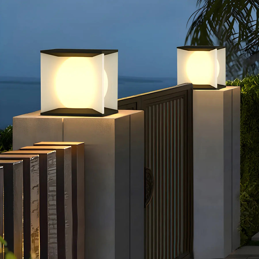 Stylish Black Cube Ball Solar Metal Outdoor Pillar Light
