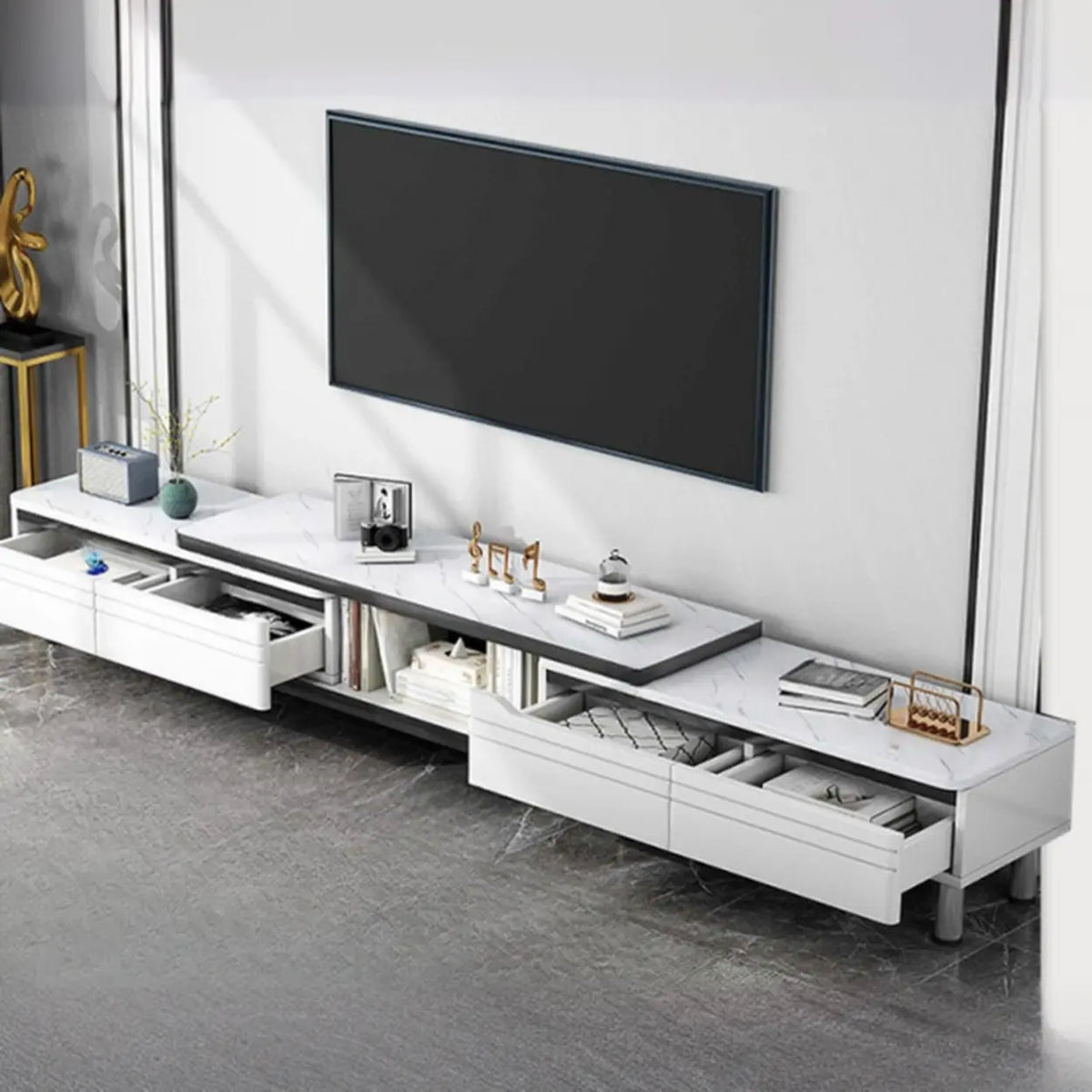 Stylish White Rectangle Stone Open Storage TV Stand