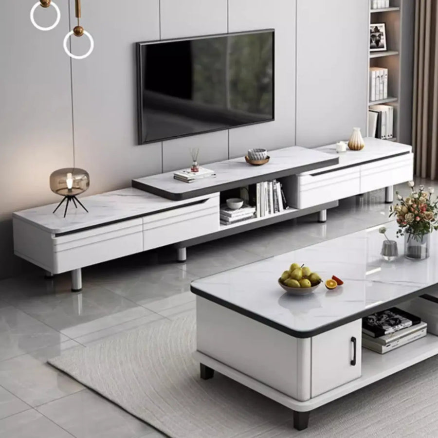 Stylish White Rectangle Stone Open Storage TV Stand