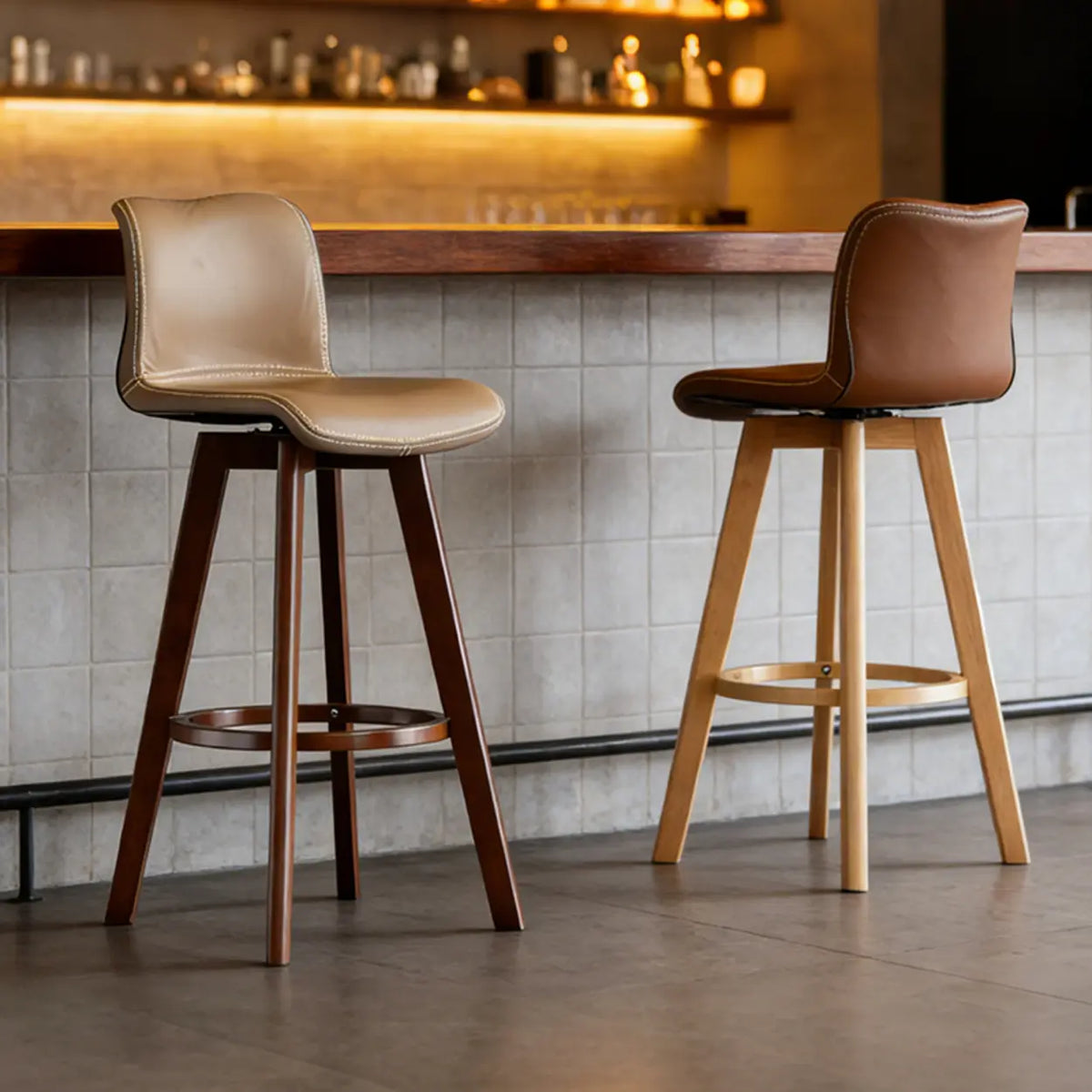 Swivel Faux Leather Saddle Bar Stool with Wood Legs