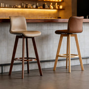 Swivel Faux Leather Saddle Bar Stool with Wood Legs