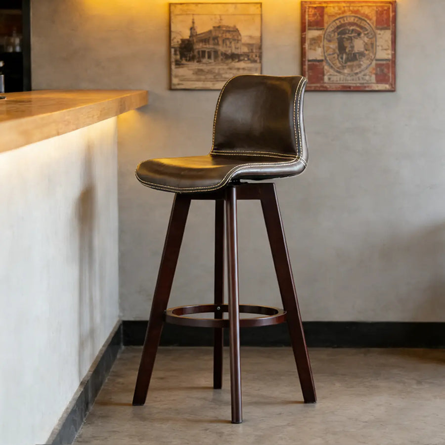 Swivel Faux Leather Saddle Bar Stool with Wood Legs
