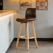 Swivel Faux Leather Saddle Bar Stool with Wood Legs