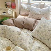 Thin Outline Floral Print Brown Shaded Bedding Set