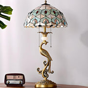 Tiffany Antique Stained Glass Shade Peacock Table Lamp
