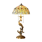 Tiffany Antique Stained Glass Shade Peacock Table Lamp