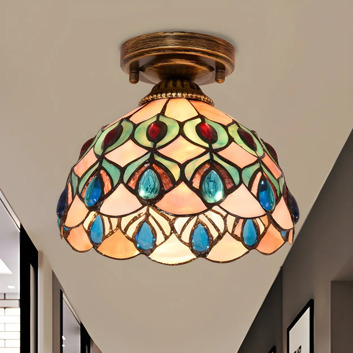 Tiffany Bowl-Shaped Stained Gem Glass Flush Mount Light