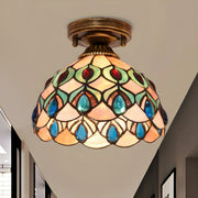 Tiffany Bowl-Shaped Stained Gem Glass Flush Mount Light