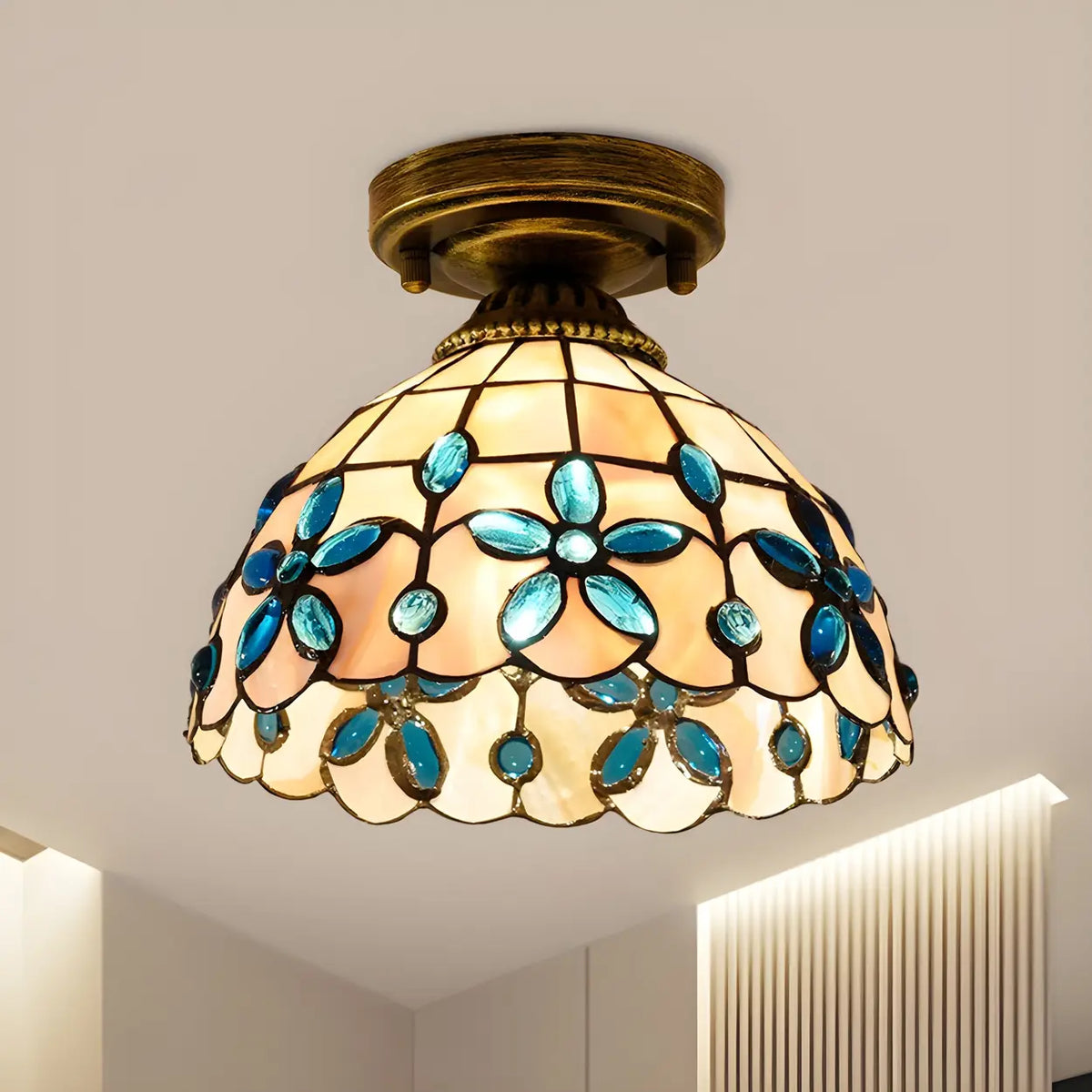 Tiffany Bowl-Shaped Stained Gem Glass Flush Mount Light