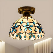 Tiffany Bowl-Shaped Stained Gem Glass Flush Mount Light