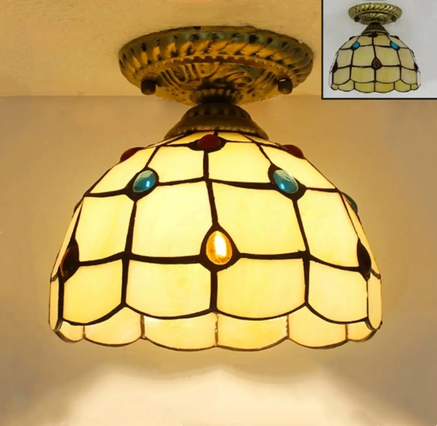 Tiffany Bowl-Shaped Stained Gem Glass Flush Mount Light