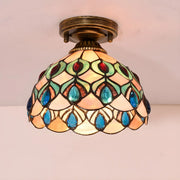Tiffany Bowl-Shaped Stained Gem Glass Flush Mount Light
