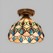 Tiffany Bowl-Shaped Stained Gem Glass Flush Mount Light