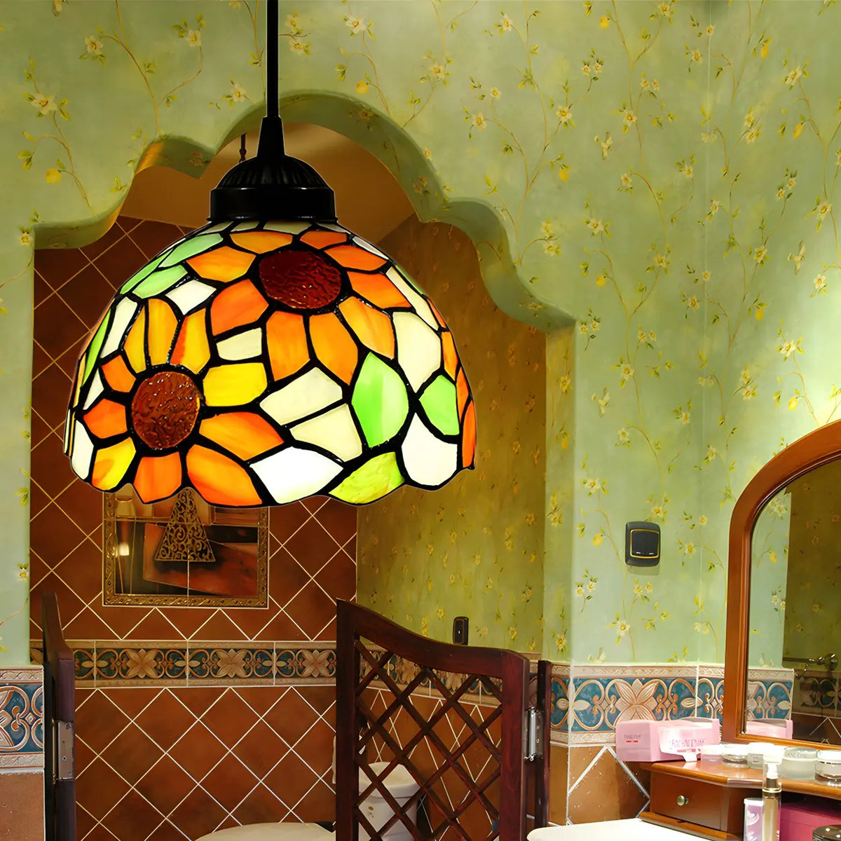 Tiffany Dome Floral Red Orange Stained Glass Pendant Light