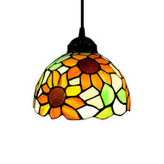 Tiffany Dome Floral Red Orange Stained Glass Pendant Light