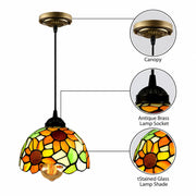 Tiffany Dome Floral Red Orange Stained Glass Pendant Light