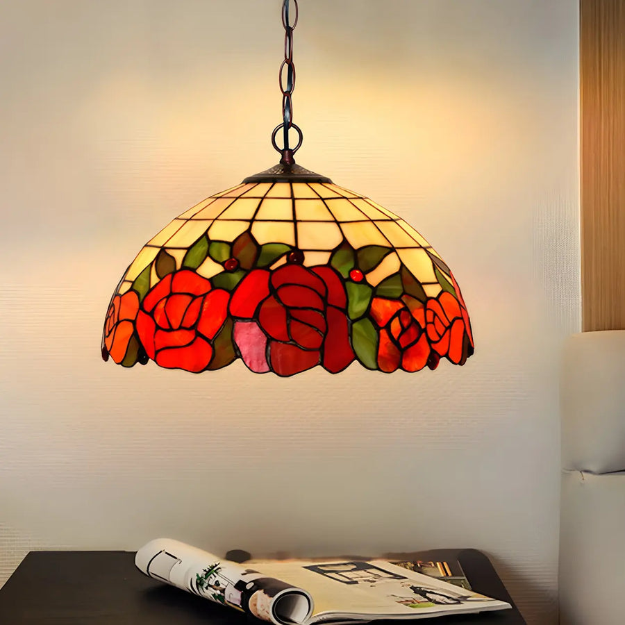 Tiffany Dome Stained Glass Red Flower Cafe Chandelier