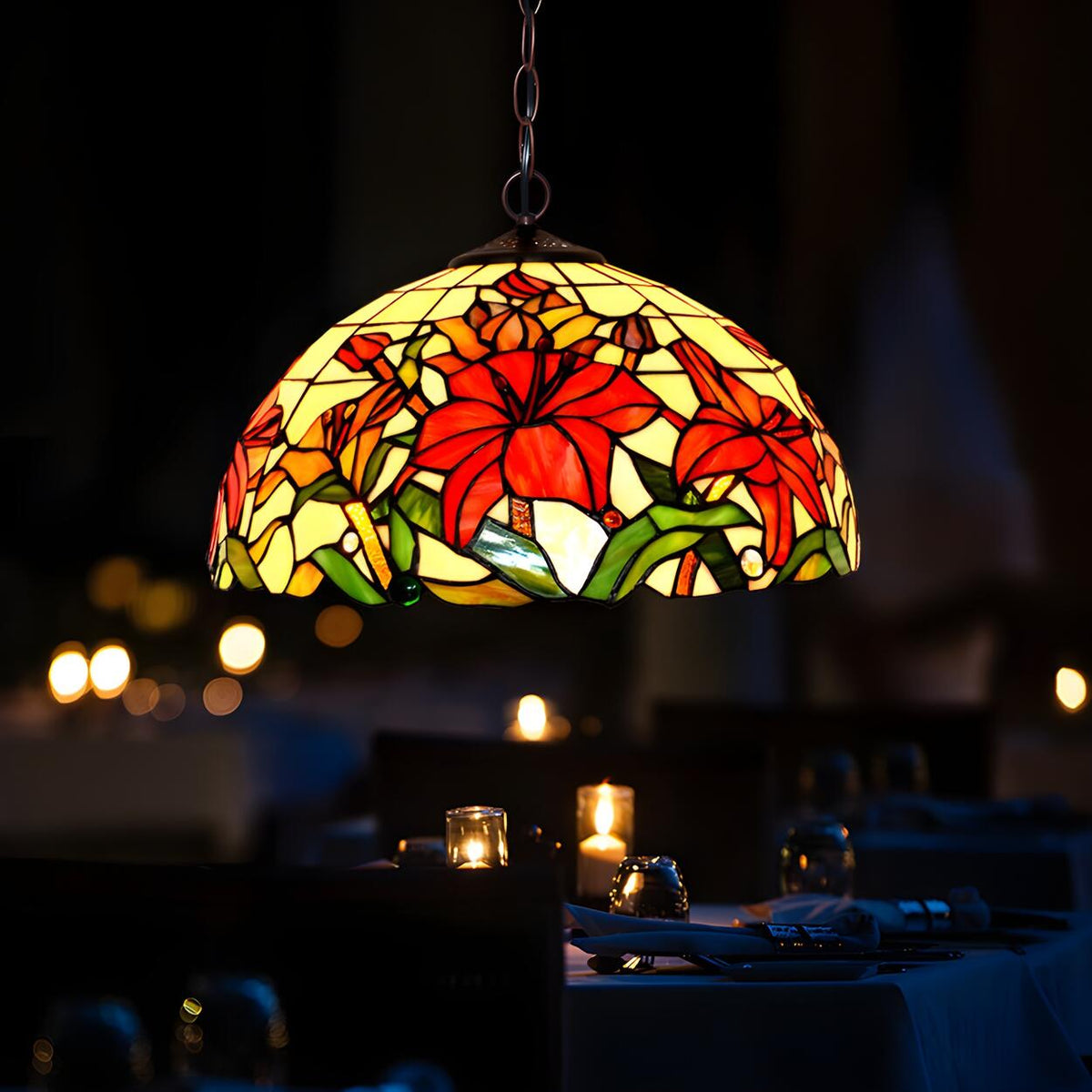 Tiffany Floral Red Stained Glass Dome Pendant Chandelier