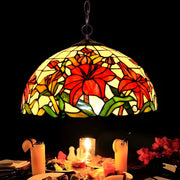Tiffany Floral Red Stained Glass Dome Pendant Chandelier