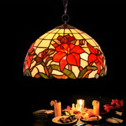 Tiffany Floral Red Stained Glass Dome Pendant Chandelier