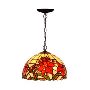 Tiffany Floral Red Stained Glass Dome Pendant Chandelier