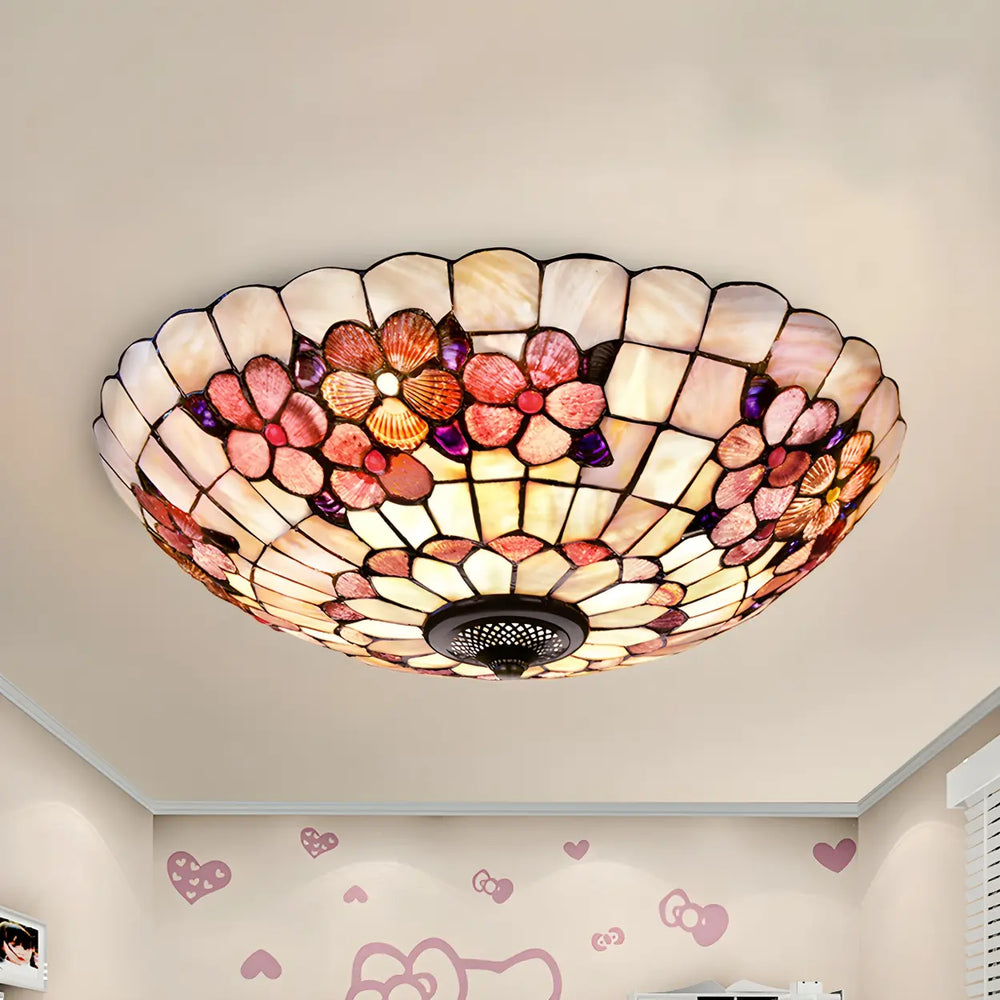Tiffany Flower Pattern Shell Glass Flush Mount Light