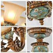 Traditional Antique Ceramic Dining Room Chandelier with Frosted Flower Glass Shades