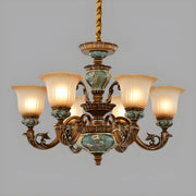 Traditional Antique Ceramic Dining Room Chandelier with Frosted Flower Glass Shades