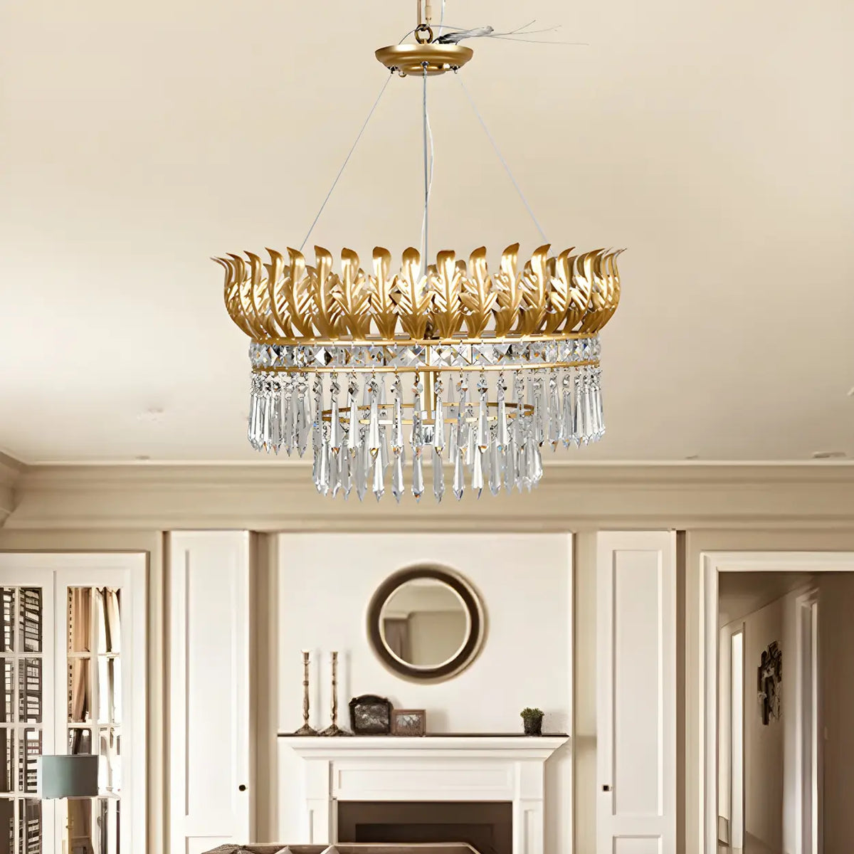 Traditional Rural Crystal Leaf Gold Chandelier Living Room