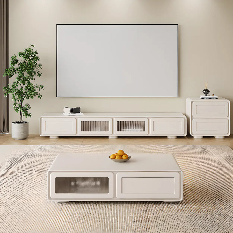 Trendy White Wood Drawers Cabinet Rectangle TV Stand