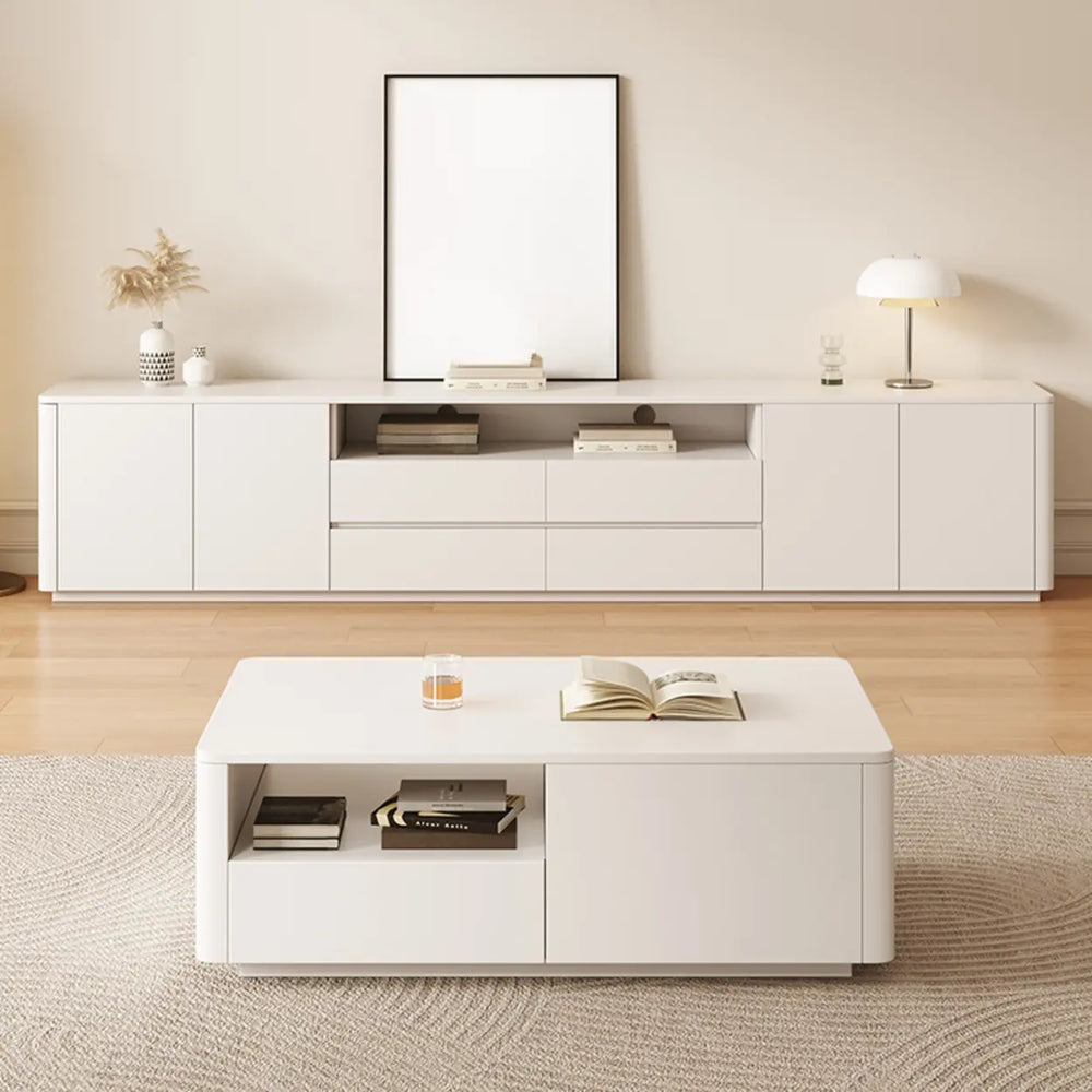 Trendy White Wood Open Storage Drawers Cabinet TV Stand