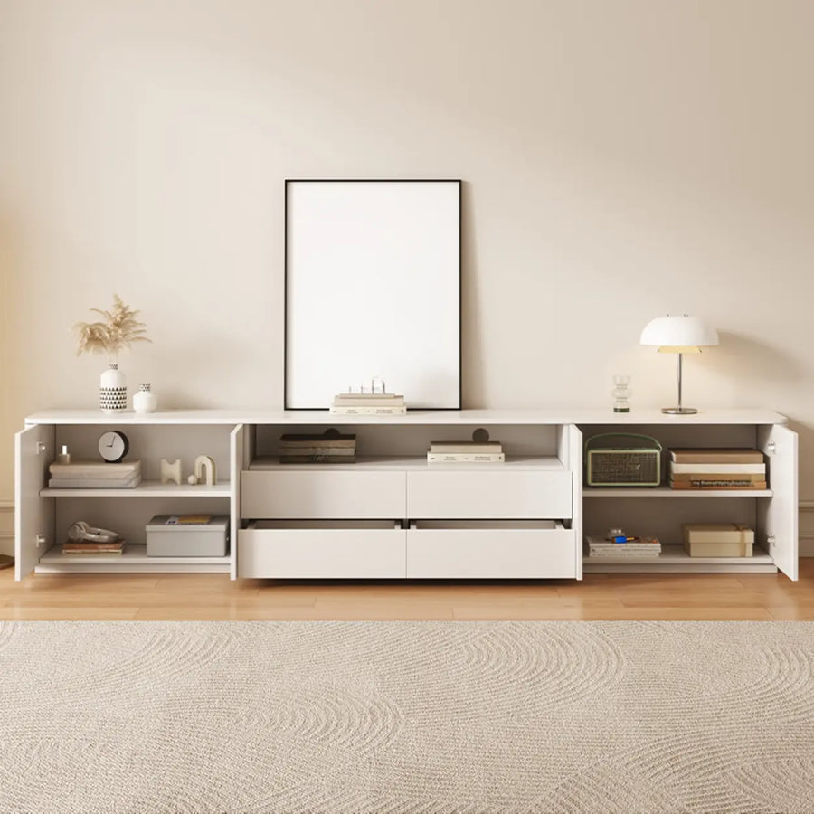 Trendy White Wood Open Storage Drawers Cabinet TV Stand
