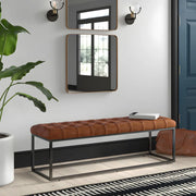 Tufted Leather Entryway Bench with Metal Frame