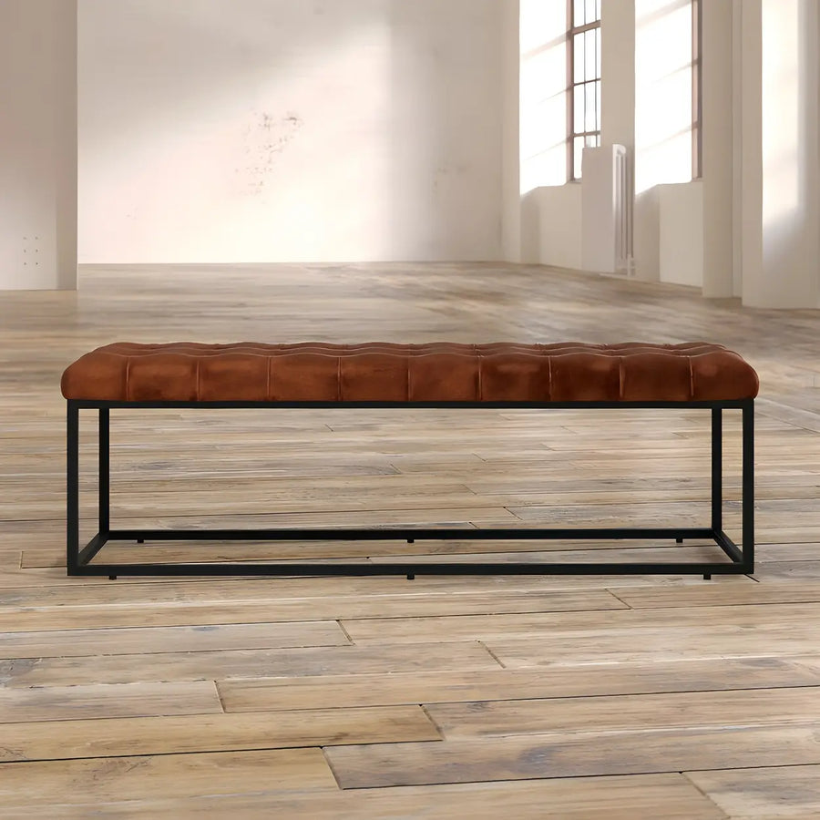 Tufted Leather Entryway Bench with Metal Frame