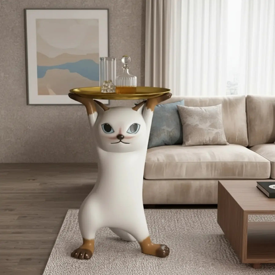Unique Cat Figurine Resin White Decorative Side Table