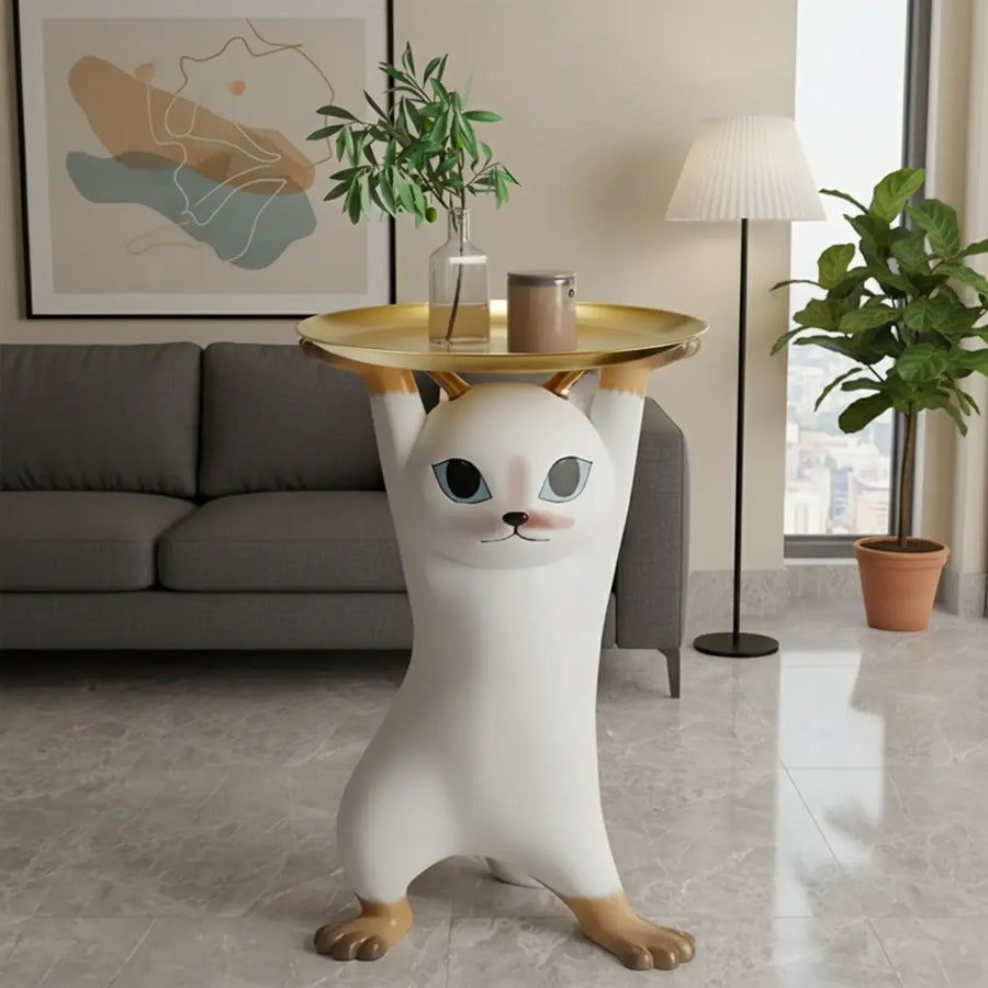 Unique Cat Figurine Resin White Decorative Side Table