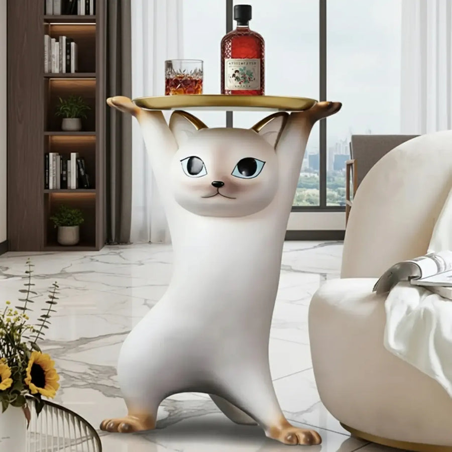 Unique Cat Figurine Resin White Decorative Side Table