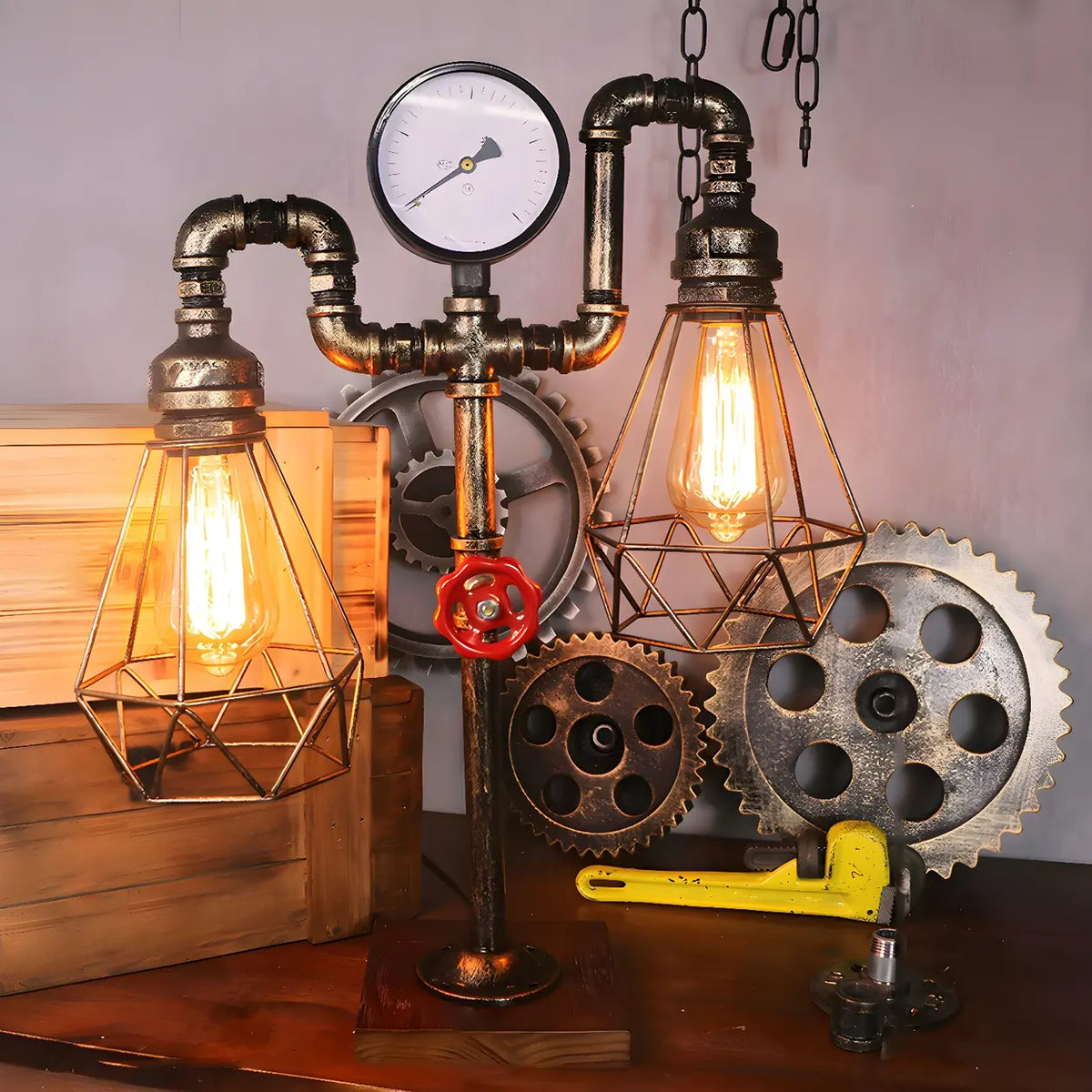 Unique Industrial Pipe Wrought Iron Bedroom Table Lamp