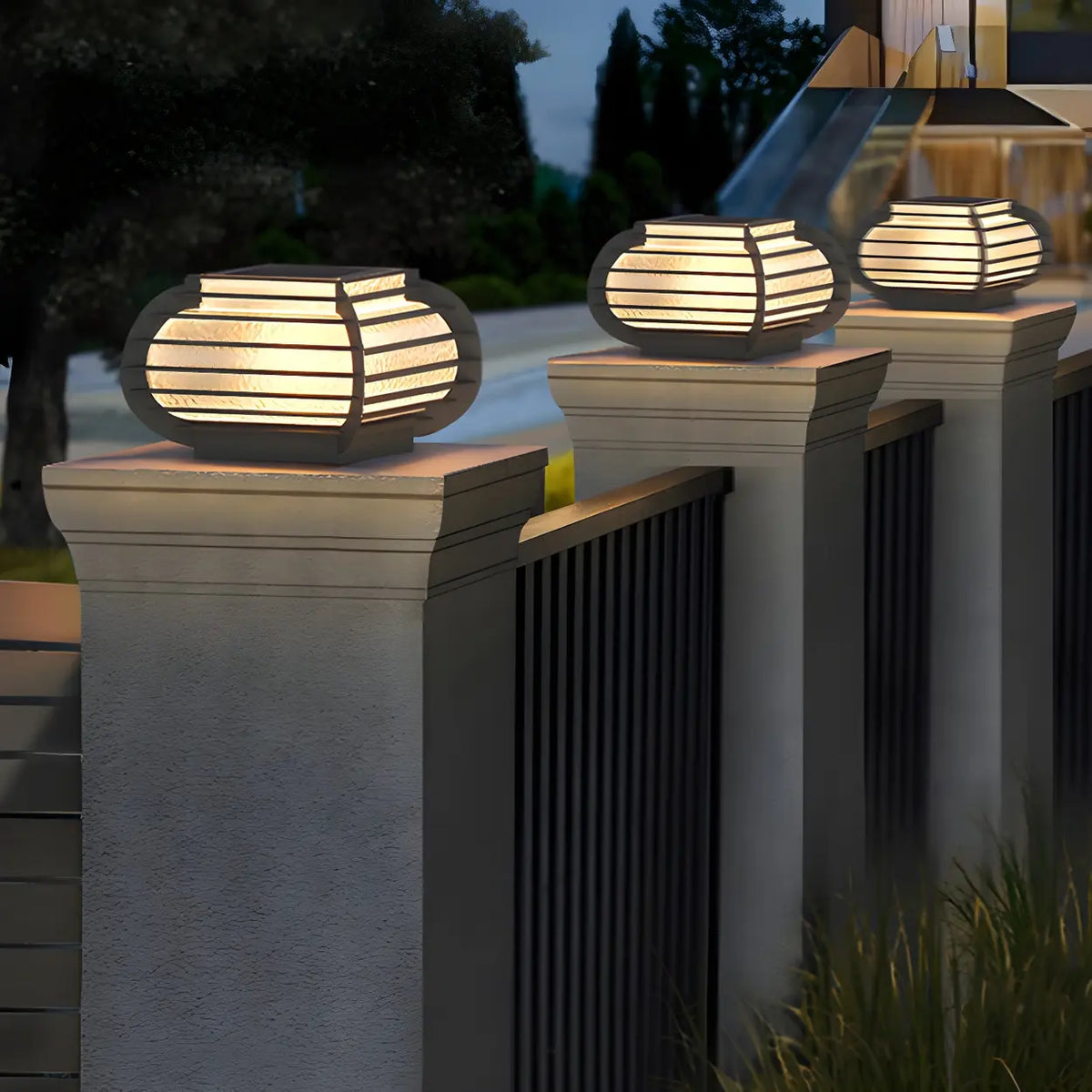 Unique Metal Hollow Lantern Outdoor Solar Pillar Light